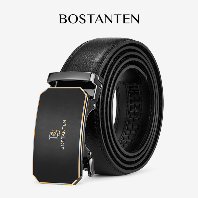 BOSTANTEN Sabuk Pria Ikat Pinggang Black Gold Gesper Otomatis Dapat Disesuaikan Kulit Sapi Asli