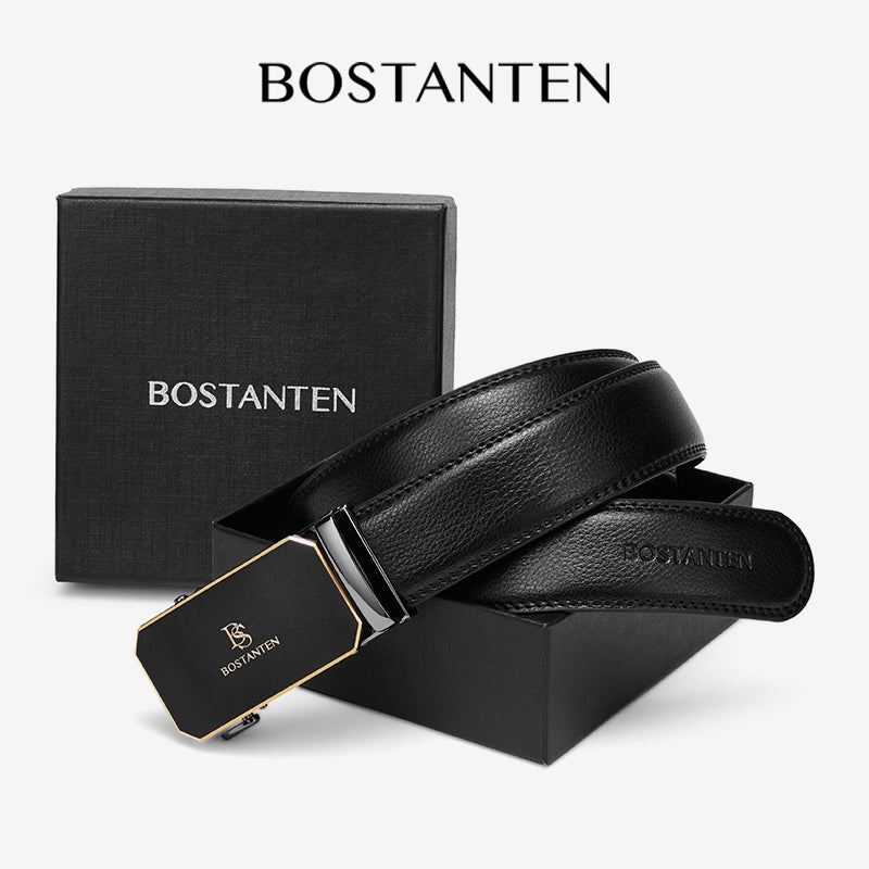 BOSTANTEN Sabuk Pria Ikat Pinggang Black Gold Gesper Otomatis Dapat Disesuaikan Kulit Sapi Asli