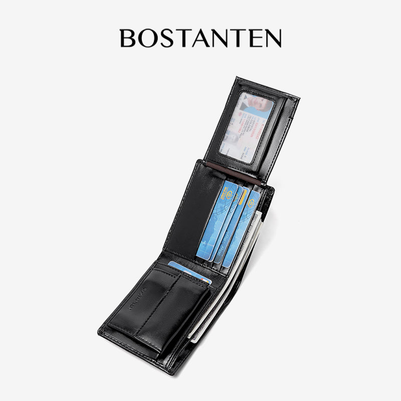 BOSTANTEN Dompet Pria Koin Ritsleting Kulit PU Tiga Kali Lipat
