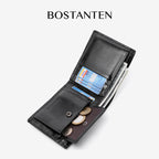 BOSTANTEN Dompet Pria Koin Ritsleting Kulit PU Tiga Kali Lipat