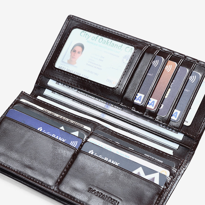 BOSTANTEN Dompet Lipat Panjang Pria Slot Kartu Kulit PU Warna Hitam/Kopi