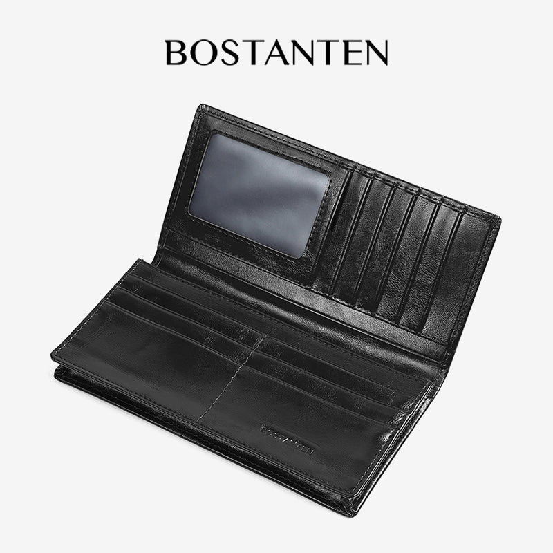 BOSTANTEN Dompet Lipat Panjang Pria Slot Kartu Kulit PU Warna Hitam/Kopi