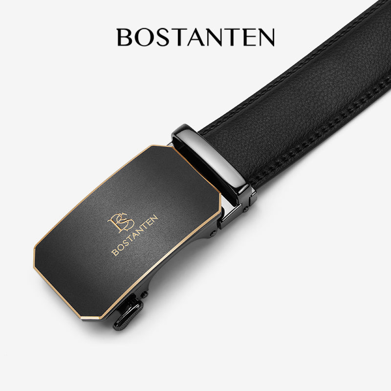 BOSTANTEN Sabuk Pria Ikat Pinggang Black Gold Gesper Otomatis Dapat Disesuaikan Kulit Sapi Asli
