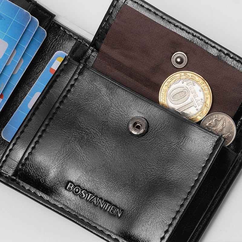 BOSTANTEN Dompet Pria Koin Ritsleting Kulit PU Tiga Kali Lipat