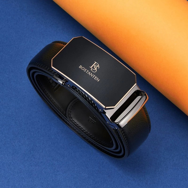 BOSTANTEN Sabuk Pria Ikat Pinggang Black Gold Gesper Otomatis Dapat Disesuaikan Kulit Sapi Asli